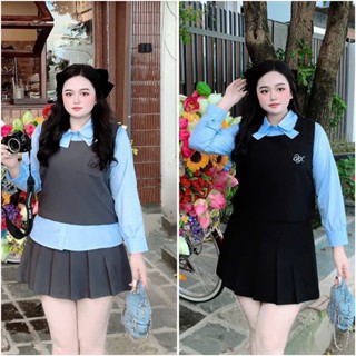  S129 Set 3 Món Áo Gile Phối Áo Sơ Mi Xanh Mix Chân Váy Xếp Ly 