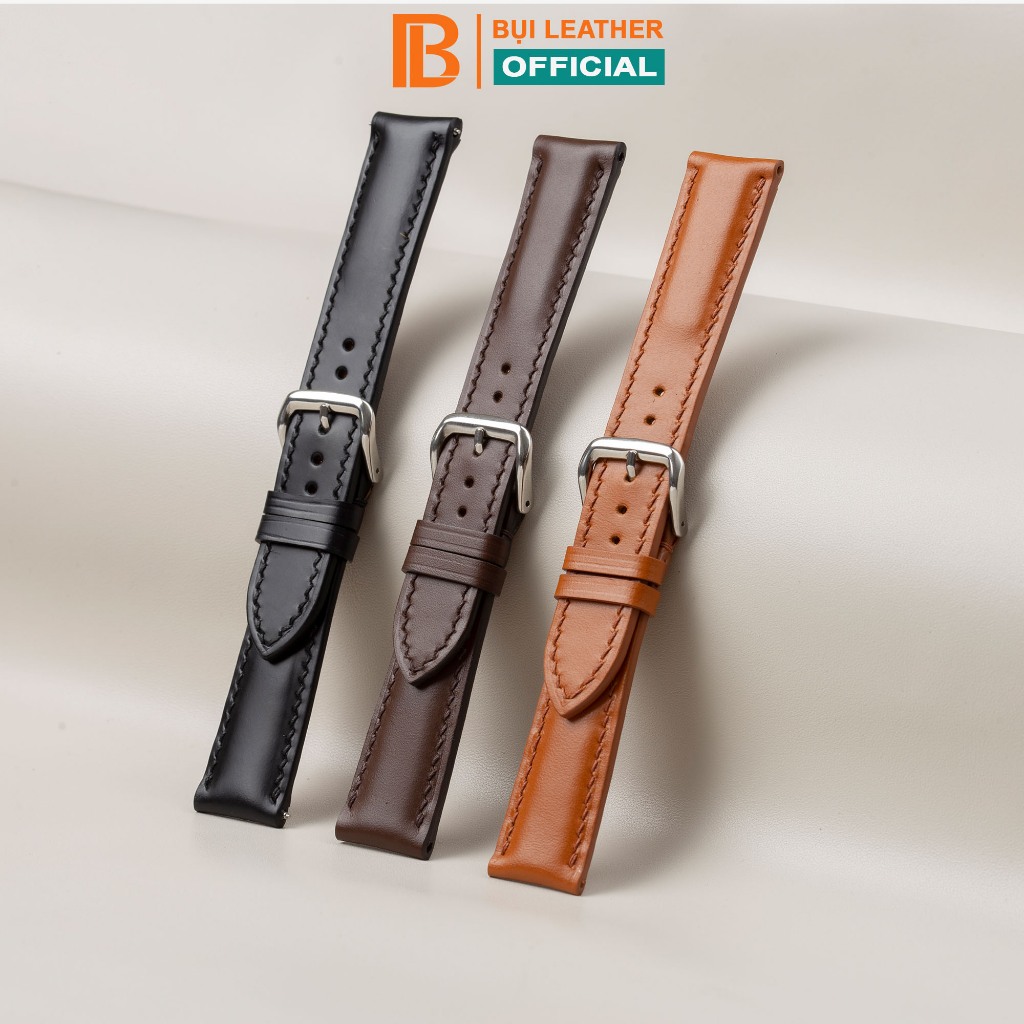 Dây đồng hồ nam da box- khâu tay thủ công D115 size 18mm, 20mm, 22mm, 24mm-Bụi Leather