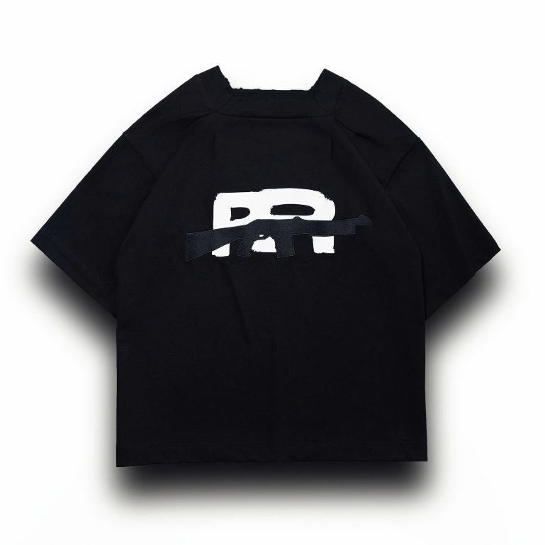 Áo thun bo cổ vuông mài rách UNWARY T-SHIRT cotton 290gsm form boxy tay lỡ, hình thêu sắc nét trên n