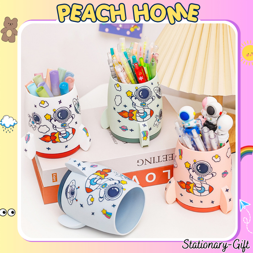 Ống Cắm Bút Nhựa Hình Tên Lửa Màu Pastel Xinh Xắn Để Bàn (tặng sticker) Decor Cute Kệ Tủ Peach Home 