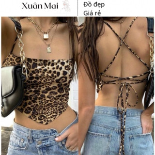 [FREESHIP] Áo croptop hai dây yếm hở lưng  đan dây họa tiết da beo hai lớp có mút ngực áo đi biển đi chơi
