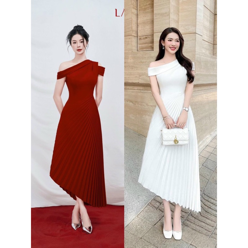 Váy lệch vai dáng dài, đầm dập ly quạt hở vai sang trọng đi tiệc(0002401). | BigBuy360 - bigbuy360.vn
