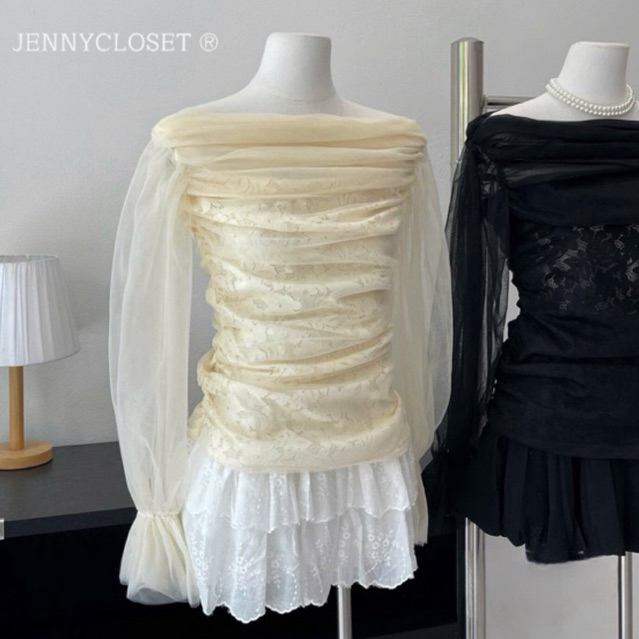 JENNYCLOSET ® Áo trễ vai voan tơ hoa ren cao cấp , Áo nữ dài tay hở vai phối ren hàng L1 (ảnh thật shop chụp) | BigBuy360 - bigbuy360.vn