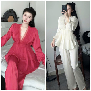 Đồ Bộ Pijama Mặc Nhà Áo Phối Ren Tiểu Thư Chất Lụa Latin Mềm Mịn Free Size 40-58kg