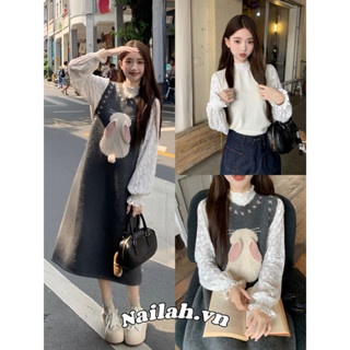   FREESHIP ORDER  Set váy gile len màu xám hoạ tiết thỏ con tai nổi + Áo dài tay ren phối len cổ cao có tách sét 