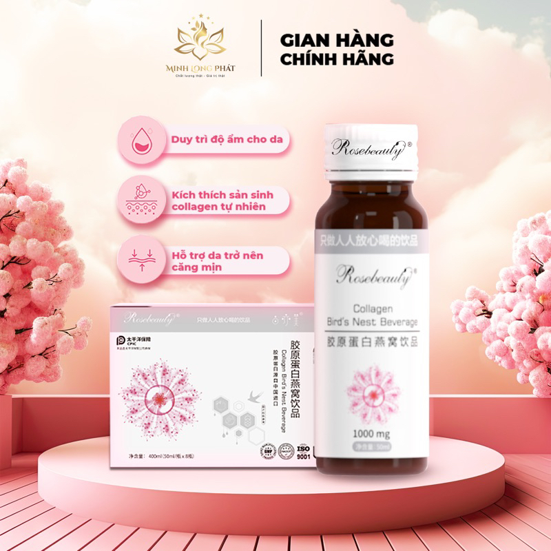 Hộp 8 chai nước uống đẹp da Collagen Rosebeauty Birds Nest Beverage nhập khẩu chính hãng 100%