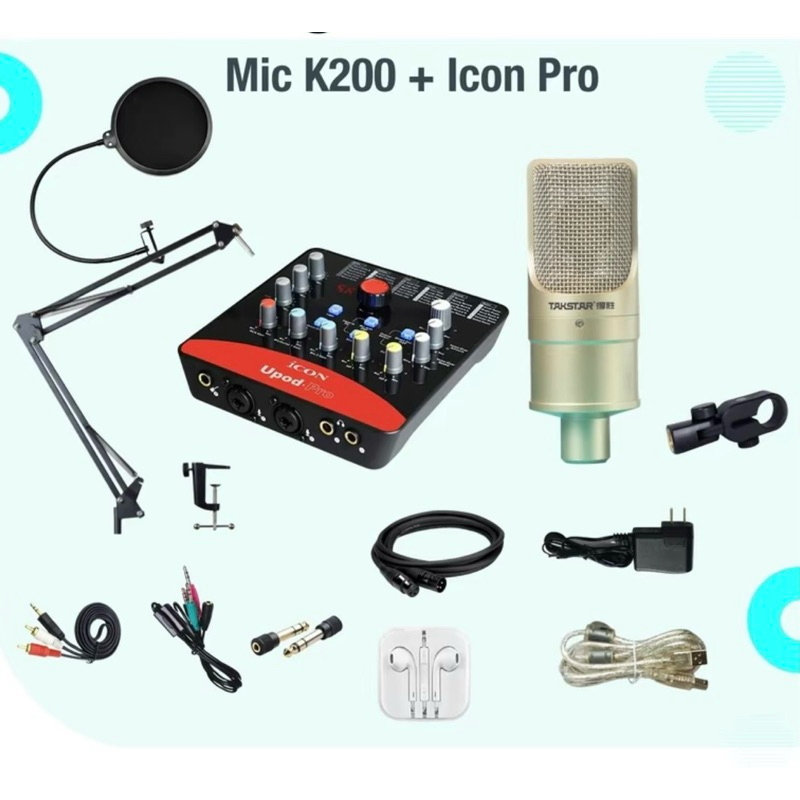 Combo thu Âm Livestream Mic Takstar PC K200 bản mới 2024 + Sound card icon upod pro chân kẹp màng lọ