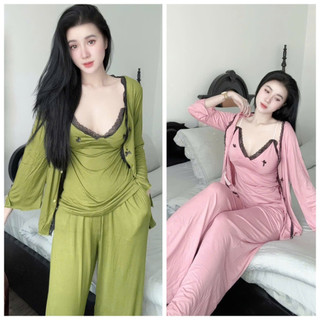 Set Đồ Bộ 3 Món Mặc Nhà Áo Phối Viền Ren Xinh Xắn, Chất Thun Cotton Dẻo Mềm Mịn Free Size 40-58kg