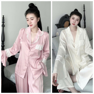 Đồ Bộ Pijama Nữ Mặc Nhà Áo Túi Ren Tiểu Thư Xinh Xắn, Chất Lụa Latin Mềm Mịn Free Size 40-58kg