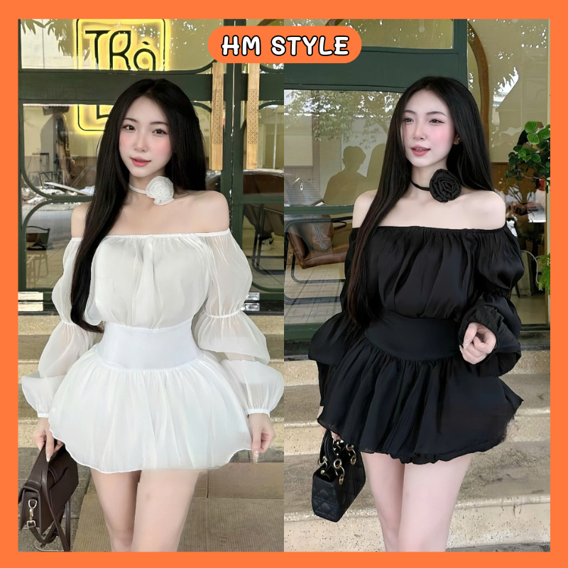 Sét áo tơ trễ vai tay bồng phối quần bí cài dây hoa, set váy áo mùa thu đi chơi du lịch siêu xinh HB730