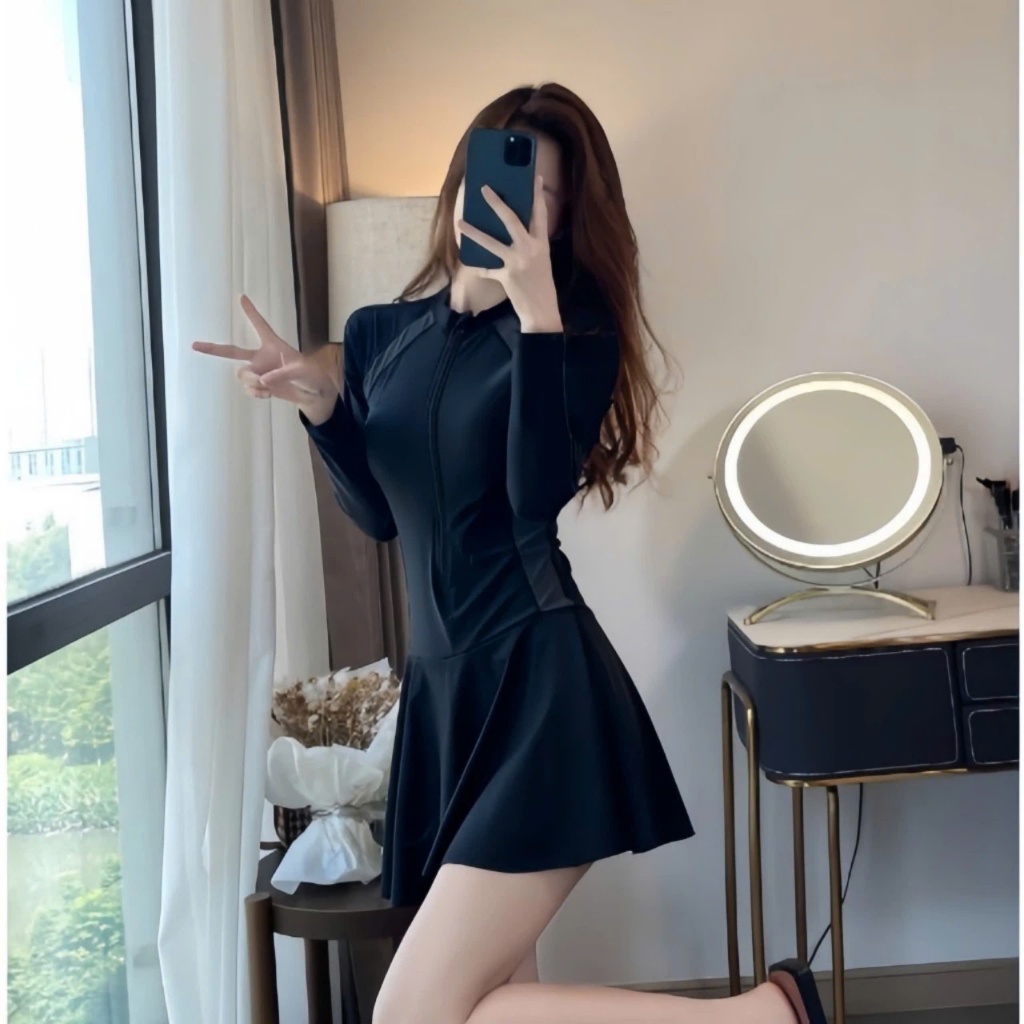 Đồ bơi nữ kín đáo bikini liền thân váy xòe có quần bảo hộ áo khóa kéo màu đen phối xám tay dài ngắn The Sea 010 | BigBuy360 - bigbuy360.vn