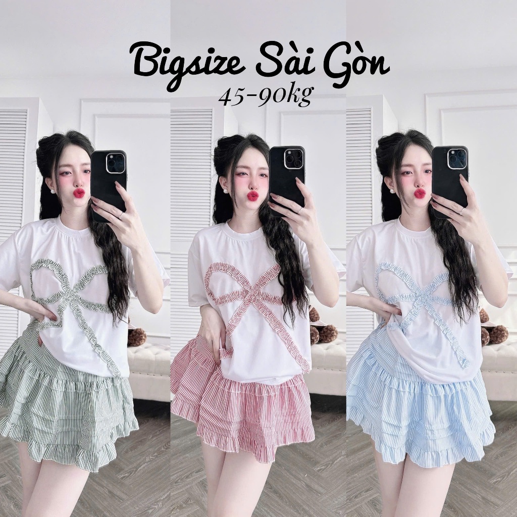 Set Thời Trang Nữ Áo Đính Nơ Cổ Tròn Kèm Chân Váy Nữ 45 - 95kg Dễ Thương Cho các nàng Có Bigsize Thun Women