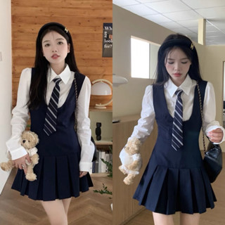   Hàng Sẵn : Set Yếm Tuyết Đuôi Xếp Ly Mix Áo Sơ Mi Thô Tay Bồng Dài Tay Kèm Cà Vạt Chuẩn Form Mẫu Mặc Lollaye 