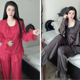 Đồ Bộ Pijama Tiểu Thư Áo Cổ Tròn Phối Voan Tơ Nút Bọc, Chất Lụa Latin Mềm Mịn Free Size 42-65kg