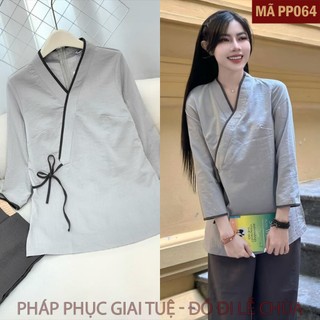 Mã PP064 Ghi_Pháp Phục Thanh Lịch Đi Lễ Chùa Cho Nữ Màu Áo Ghi Nhạt Quần Dài Ghi Đậm, Chất Liệu Đũi Xước Nhật Mềm Mại.