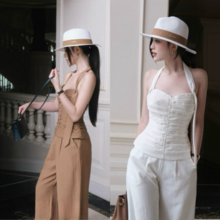 Set đồ nữ áo yếm cúp ngực xếp ly tôn dáng phối quần ống suông chất dũi thông thoáng Hb.closet S211