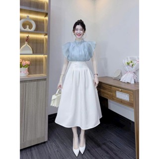  Set váy maxi nữ chất voan tơ áo tay bèo cổ trụ có lót su mix chân váy dài dáng xòe cotton lạnh phong cách dịu dàng 