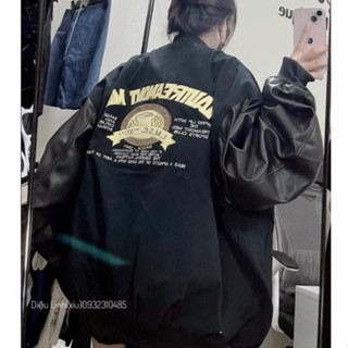 Áo khoác bomber phối tay da logo A chữ thêu unisex nam nữ mặc siêu đẹp