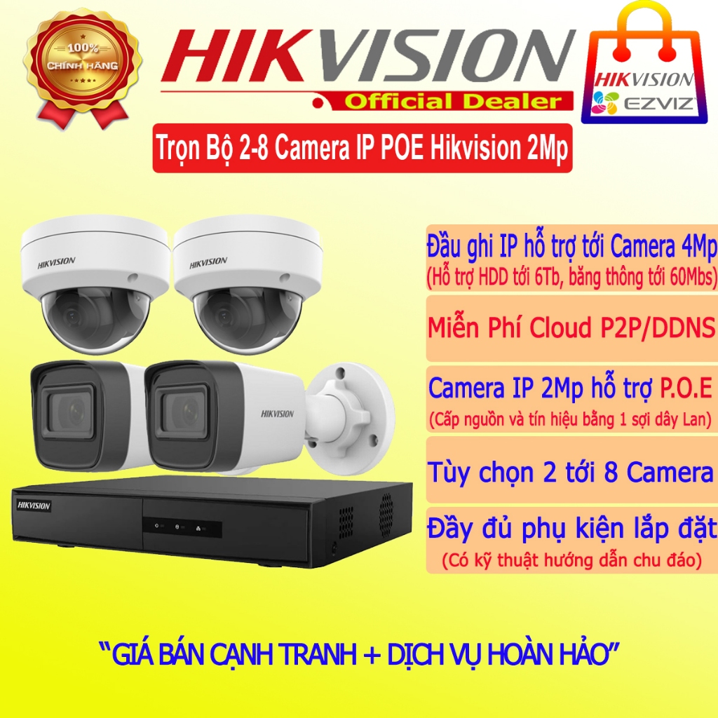 {IP POE 2Mp}Trọn bộ camera Hikvision 2Mp Full HD chạy dây mạng Lan, hàng chính hãng, đầy đủ phụ kiện