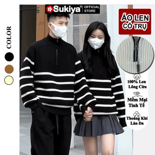 Áo Len Nam Nữ Cổ Trụ SUKIYA Kéo Khóa Họa Tiết kẻ Sọc Form Rộng Phong Cách Hàn Quốc  AL81