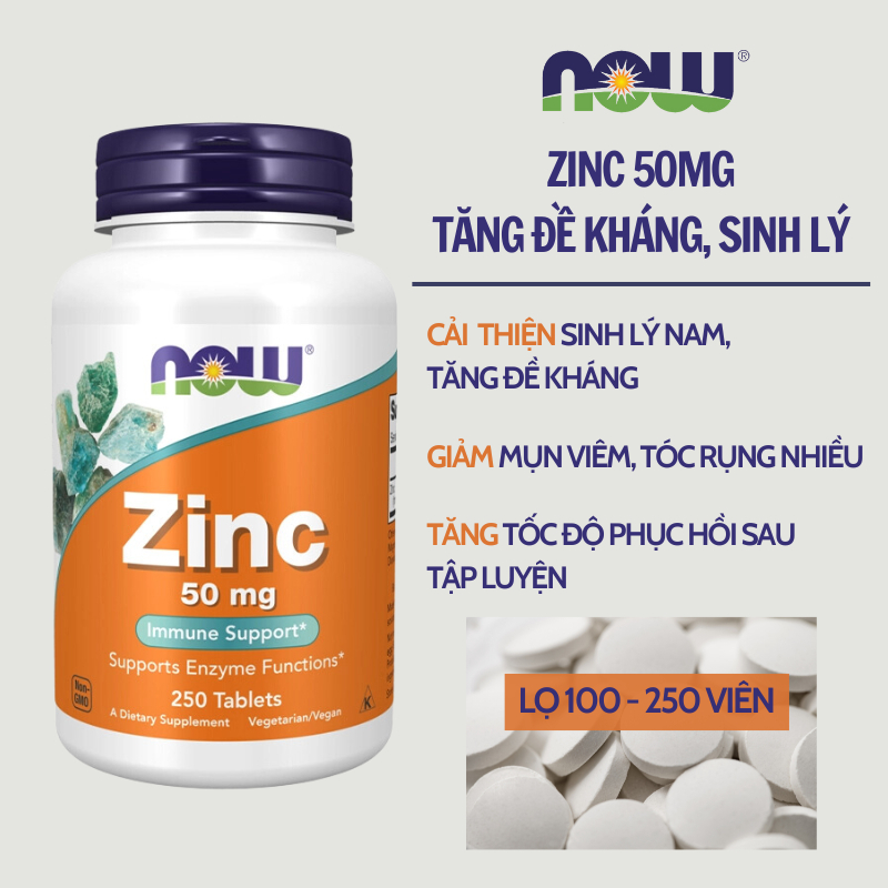 Kẽm ZinC 50mg tăng cường sinh lý nam, hỗ trợ giảm mụn, tăng đề kháng cải thiện sức khoẻ Now ZinC 50mg
