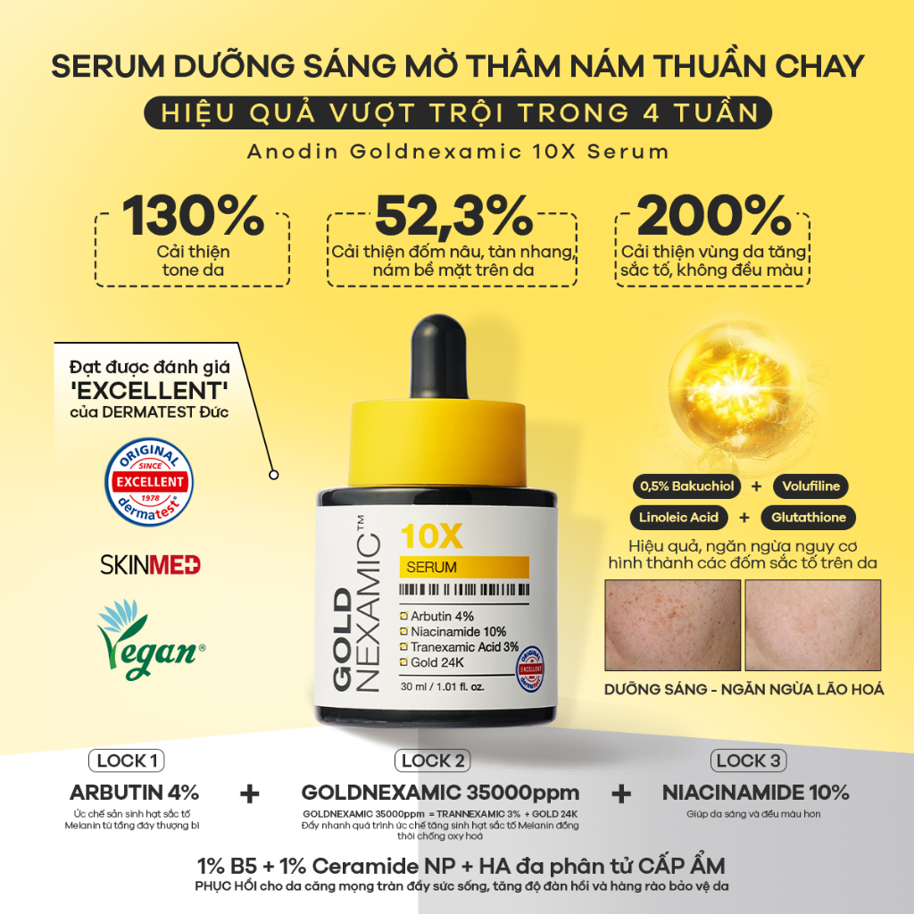 Tinh chất dưỡng sáng, mờ thâm nám đa tầng Goldnexamic 10X Anodin 30ml - Hàn Quốc Chính Hãng