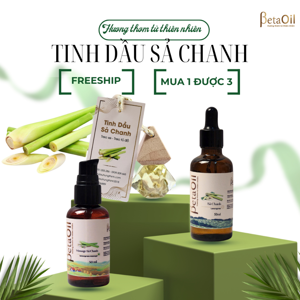 Combo  3 Sản  phẩm Tinh Dầu Sả Chanh 50ml + Dầu Sả Chanh Massage Body + Tinh Dầu Sả Chanh Treo Xe