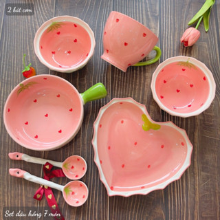 Bát Đĩa Gốm Sứ Decor, Bát Ăn Cơm, Bát Ăn Chè, Chén Dĩa Dễ Thương Sét Dâu Hồng 7 Món Xinh Yêu Gomsudecor21