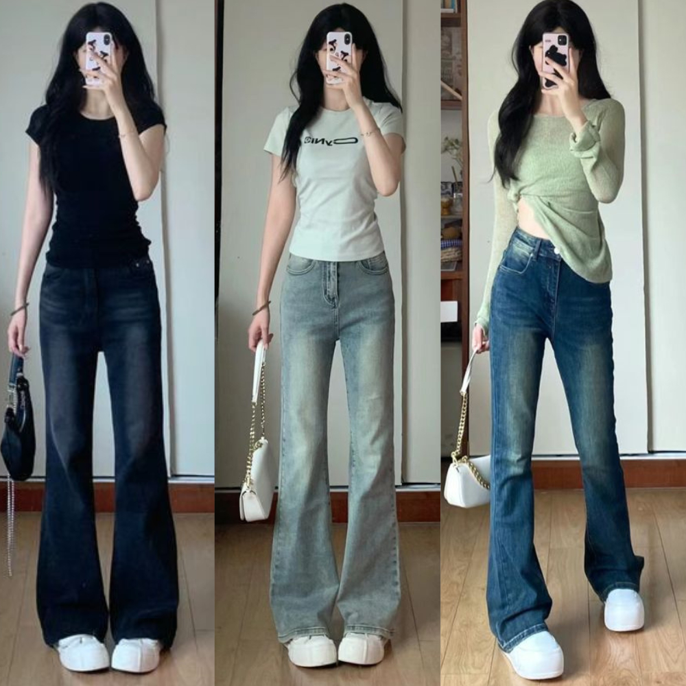 Quần Jeans Nữ Ống Loe Miaa Lưng Cao Chất Dày Dặn Co Giãn Tốt , Quần Bò Loe Nữ Cạp Cao Ôm Eo Gọn Chân