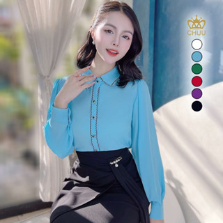 Áo sơ mi kiểu hàn quốc nữ vintage kiểu cổ đôi viền nút sóng CHUU A1700