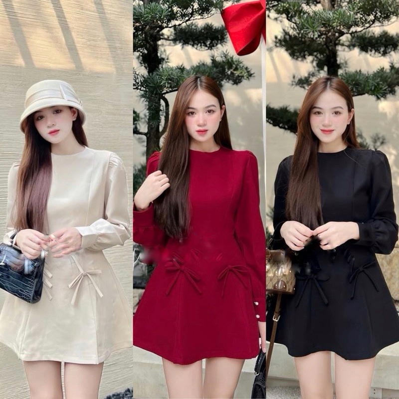 ĐẦM TRƠN XOÈ TAY DÀI (về thêm loại đính nơ)