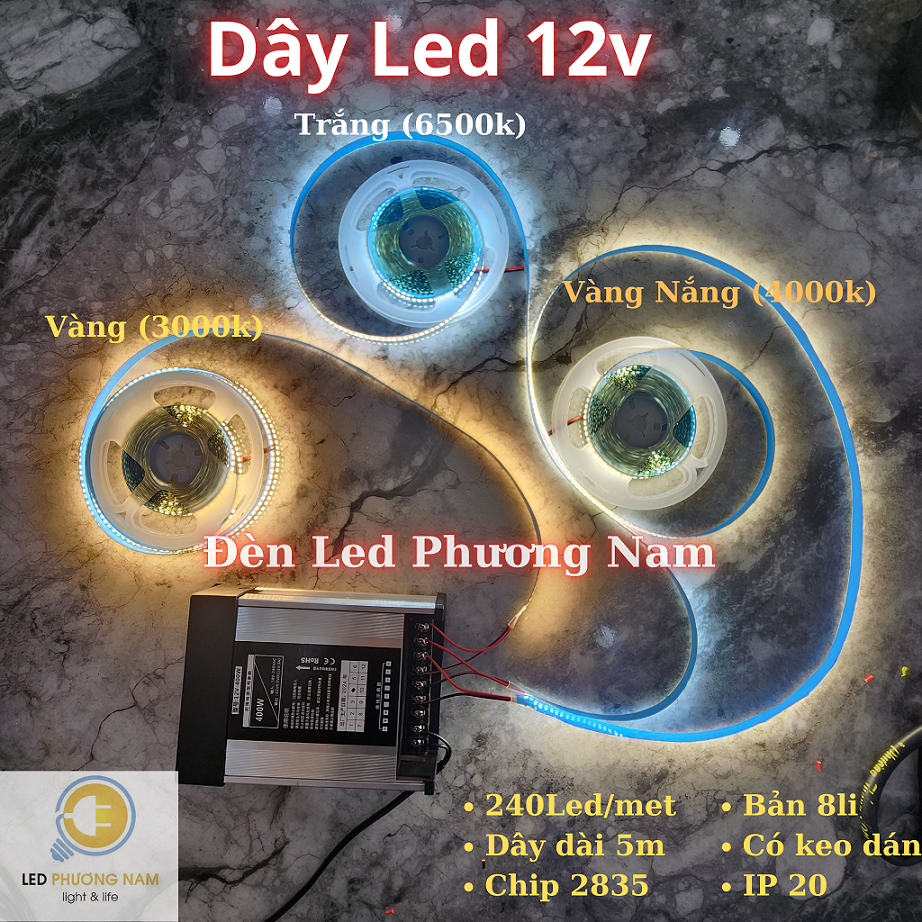 Led Dây 12v dài 5m 240led, DC 12v (Trắng, Vàng, Trung Tính) chưa bao gồm nguồn