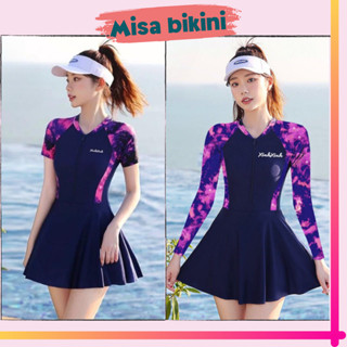 Đồ bơi liền thân nữ váy, bikini kín đáo đi biển đẹp đồ bơi có tay phối tím che khuyết điểm xinh xinh