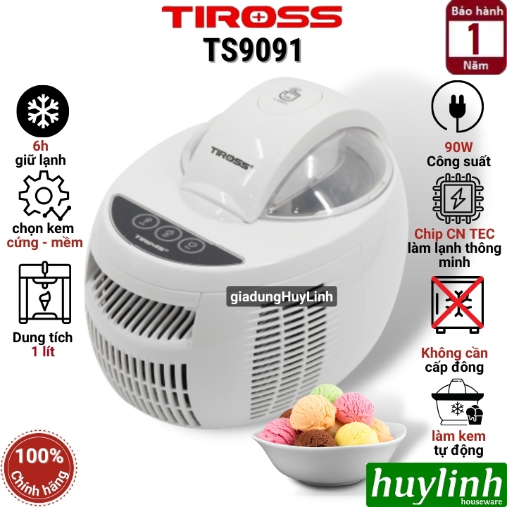 Máy làm kem gia đình trực tiếp Tiross TS9091 - Dung tích 1 lít
