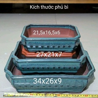  Bộ chậu chữ nhật  3 chậu  chấm bi men xanh hỏa biến gốm Bát Tràng trồng cây bonsai cây cảnh mini 