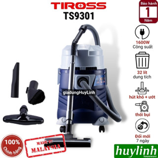 Máy hút bụi công nghiệp Tiross TS9301 - Dung tích 32 lít - Sản xuất tại Malaysia - 3 Chức năng Hút khô - ướt - thổi bụi