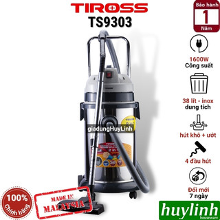 Máy hút bụi công nghiệp khô và ướt tiross ts9303 - dung tích 38 lít - 1600w - sản xuất tại malaysia