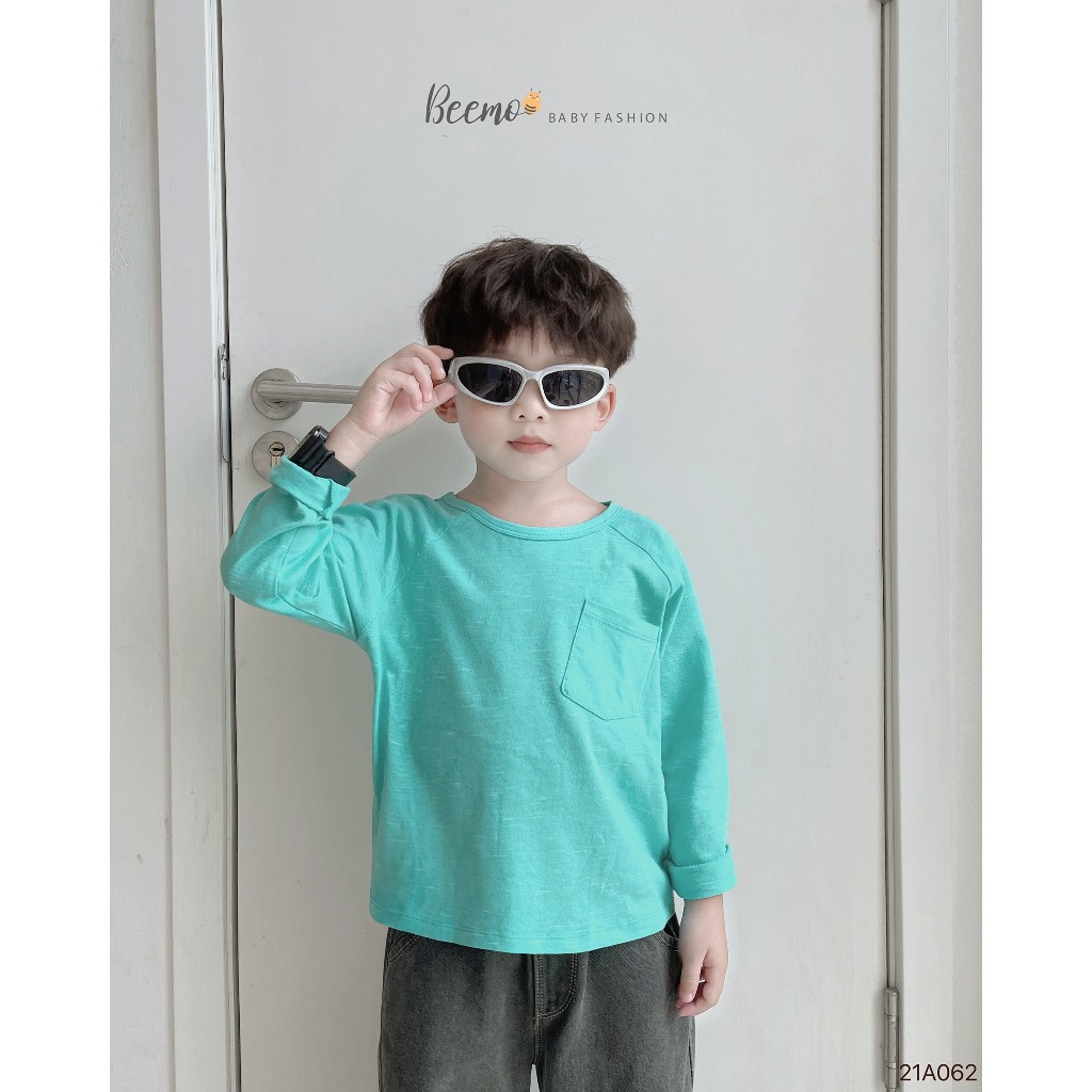 Áo phông dài tay cotton Beemo cho bé trai, bé gái trơn phối túi cho bé mặc đi học đi chơi - 21A062