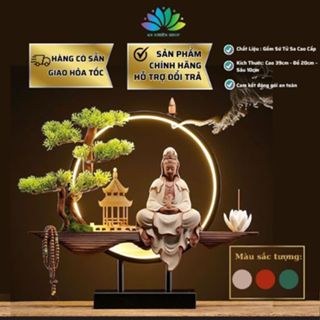Tượng Quan Âm Kèm Đèn Led Hào Quang Cao Cấp, Thác Khói Trầm Hương Cây Xanh Tiểu Cảnh Trang Trí Nhà