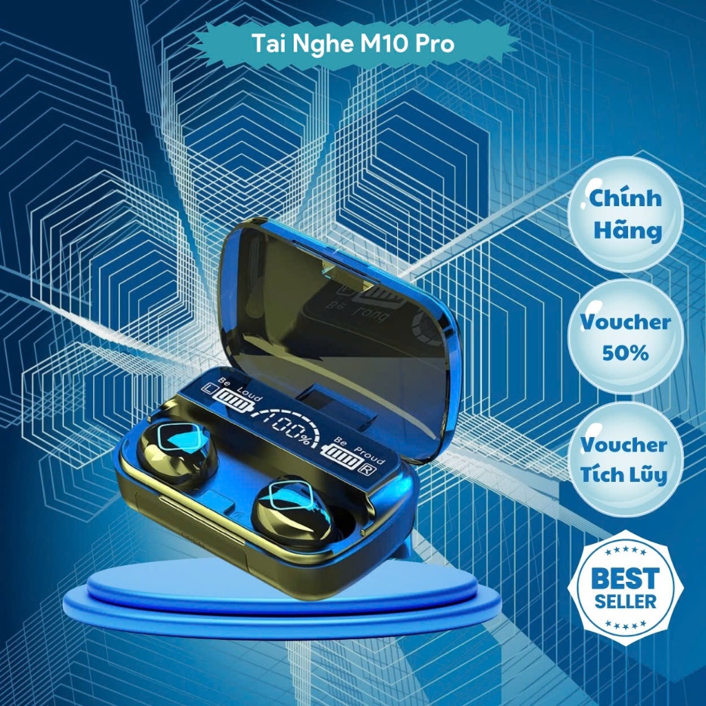 Tai nghe bluetooth M10 Pin Trâu 2500maH âm thanh trung thực, Tai nghe nhét tai đèn Led đẹp mắt, hộp sạc có màn hình LED