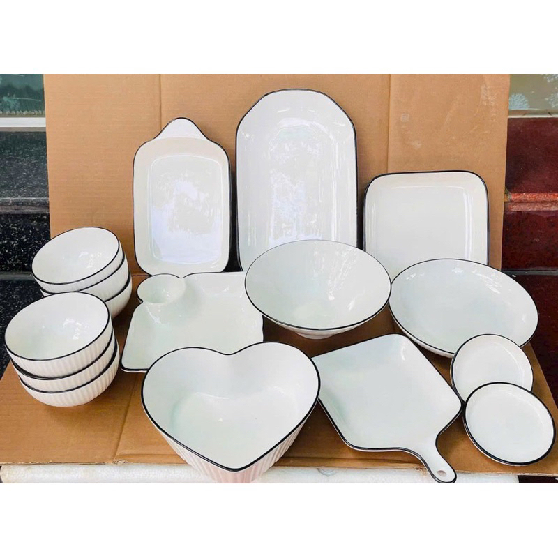 SET BÁT ĐĨA SỨ TRẮNG VIỀN ĐEN 16 MÓN, CHÉN ĐĨA SỨ PHONG CÁCH BẮC ÂU