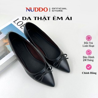 Giày Bệt Nữ Búp Bê Mũi Nhọn Da Thật Cao Cấp, Guốc Đế Bằng Phối Nơ Chỉ Da Mềm NUDDO - NN010C