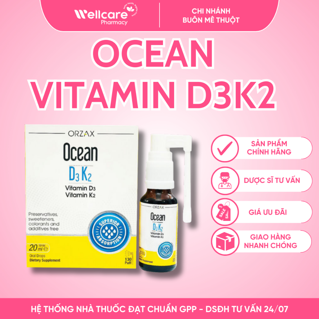 [CHÍNH HÃNG THỔ NHĨ KỲ][Tặng Khẩu Trang Gấu29K]OCEAN Vitamin D3K2(120Xịt 400IU Orzax EU)Hộp 20ml Hấp