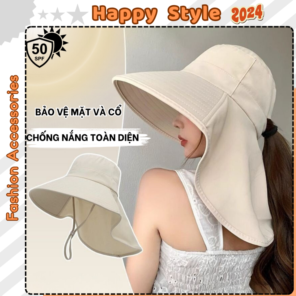 Nón Chống Nắng Mũ Vành Rộng Nữ Thời Trang Mùa Hè Che Cổ Kèm Dây Rút Tiện Lợi N233
