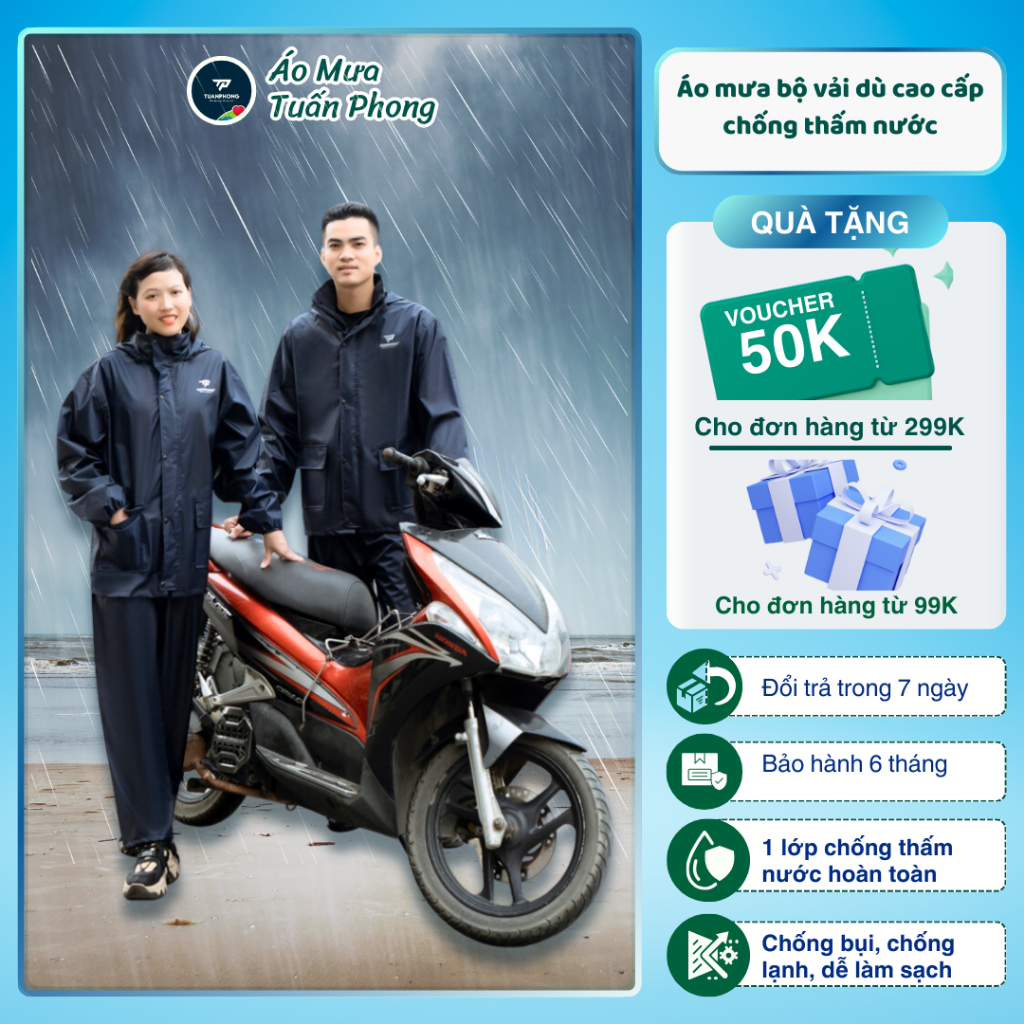 Áo mưa bộ vải dù cao cấp chống thấm nước Tuấn Phong được thiết kế sang trọng thoải mái 61B