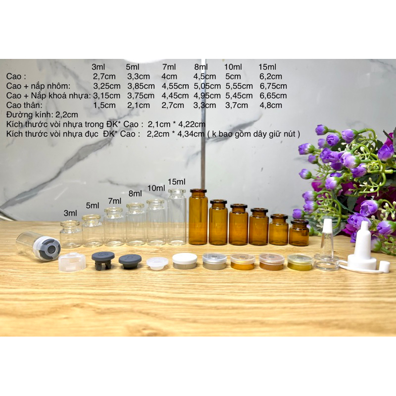 Combo 10 Chai lọ 3ml 5ml 7ml 8ml 10ml 15ml vacxin đóng nút đựng serum mỹ phẩm