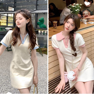 Váy polo nữ tay ngắn ôm body, đầm dự tiệc phong cách công sở màu be basic cổ phối màu