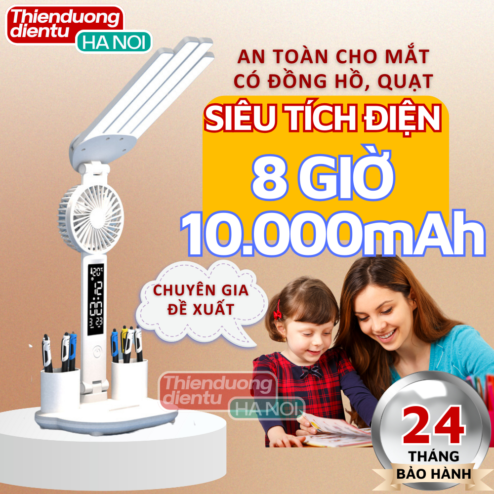 Đèn học để bàn Taiyoken 10.000mAh siêu tích điện 8 giờ, đèn bàn học chống cận có đồng hồ - BH 15 tháng