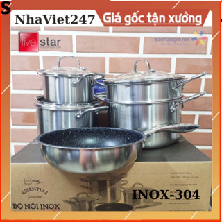 Bộ 5 Nồi Xửng Chảo Chống Dính-Inox 304 Fivestar Plus FPB5006-Thân Đúc Đáy Liền Đun được bếp điện từ