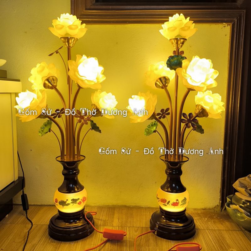  2 Đèn thờ hoa sen Lưu Ly cao cấp chân đồng - Đèn điện đèn chùm bông lưu ly    thân in sen hồng  